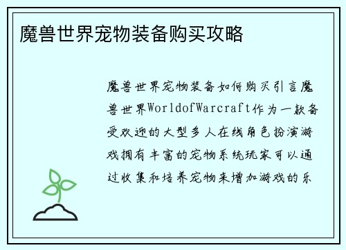 魔兽世界宠物装备购买攻略